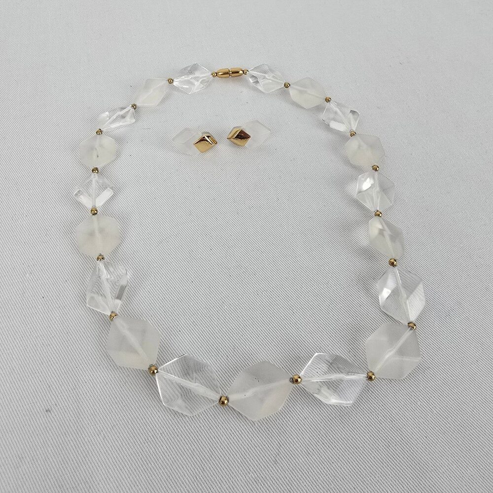 Vintage Avon Clear and Frosted Geometric Bead Necklace & Earring Set